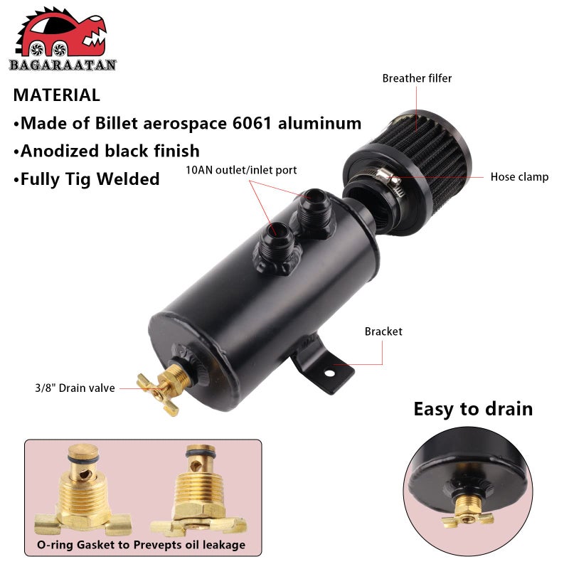 BAGARAATAN 10AN Baffled Oil Catch Can Breather Can with Drain Valve 750ML Bundle and 10FT 10AN 5/8'' Fuel Line Fitting Kit Nylon Braided CPE Oil Hose - Image 4